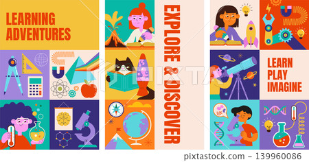 Colorful kids science workshop and summer camp poster design. Kids learning mathematics, robotics Colorful kids science workshop and summer camp poster design. Kids learning mathematics, robotics 139960086