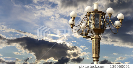 Street lamp on Tiananmen Square in Beijing, China (against the background of a beautiful sky with clouds), with propaganda or public announcement speakers Street lamp on Tiananmen Square in Beijing, China (against the background of a beautiful sky with clouds), with propaganda or public announcement speakers 139960091