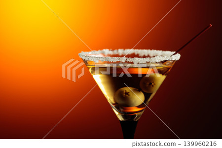 Glass of Martini with green olives. 139960216