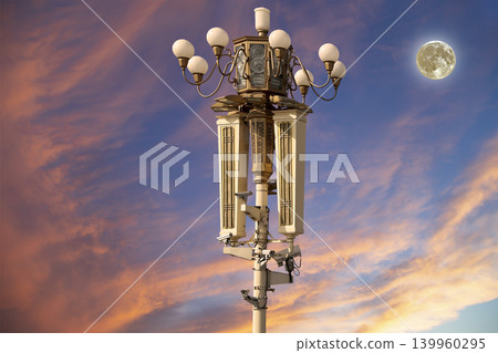 Street lamp on Tiananmen Square in Beijing, China (against the sunset with the super moon), with propaganda or public announcement speakers 139960295