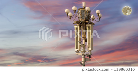 Street lamp on Tiananmen Square in Beijing, China (against the sunset with the super moon), with propaganda or public announcement speakers 139960310