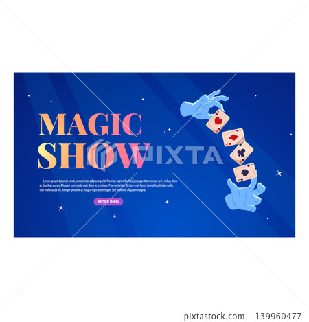 Magic show banner vector design, magician hands in gloves showing focus trick with playing cards illusionist performance 139960477