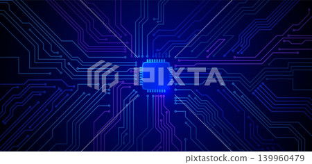 Circuit board with square microchip core, circuit lines and dots connected, central processor CPU vector background 139960479