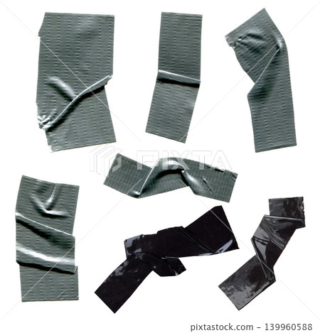 Set of 7 real silver gray duct tape and black adhesive tape pieces isolated on white background. Set of 7 real silver gray duct tape and black adhesive tape pieces isolated on white background. 139960588