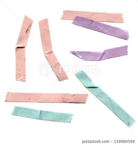 Set of 8 real pastel pink lavender mint fabric tape pieces strips isolated on white background. 139960589