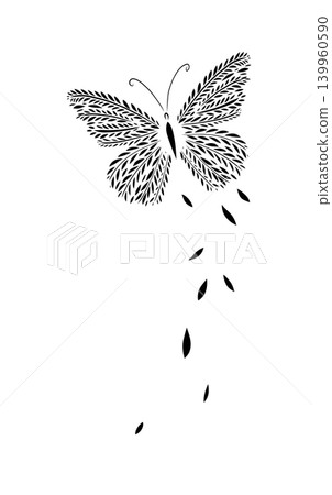 Monochrome leaf butterfly. T-shirt print. Hand drawn. Not AI, vector illustration. 139960590