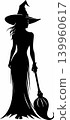 Simple black silhouette drawing of a witch in a long dress, pointed hat with a broom, isolated element 139960617