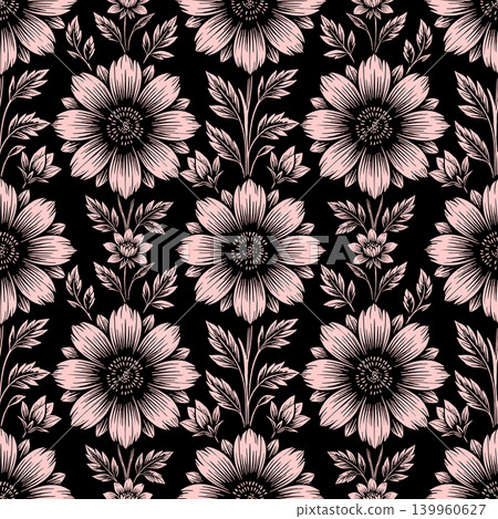 Seamless simple floral pattern with pink and black flowers, texture, design Seamless simple floral pattern with pink and black flowers, texture, design 139960627
