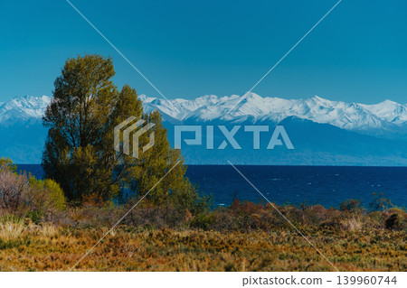 Spring landscape with trees and lake, Kyrgyzstan, Issyk-Kul Spring landscape with trees and lake, Kyrgyzstan, Issyk-Kul 139960744
