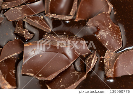 Dark chocolate chunks into liquid melted chocolate sauce background 139960776