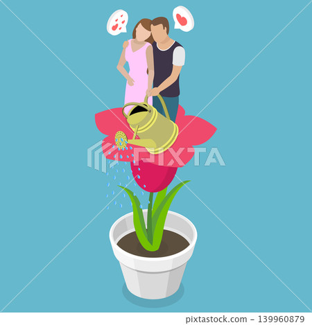 3D Isometric Flat Vector Illustration of Relationship, Couple Fosters Strong Family Bonds Through Plant Care For Lasting Relationship 139960879