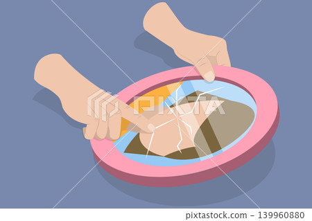 3D Isometric Flat Vector Illustration of Anxiety, Woman With Bipolar Disorder Sees Herself In A Broken Mirror 139960880