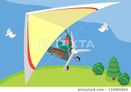 3D Isometric Flat Vector Illustration of Motor Deltaplan, Soaring Through The Sky On Hang Glider In Air 3D Isometric Flat Vector Illustration of Motor Deltaplan, Soaring Through The Sky On Hang Glider In Air 139960884