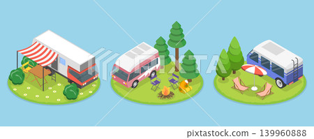 3D Isometric Flat Vector Illustration of Motorhomes, Vintage Campers Parked Outdoors In A Rustic Setting. 3D Isometric Flat Vector Illustration of Motorhomes, Vintage Campers Parked Outdoors In A Rustic Setting. 139960888