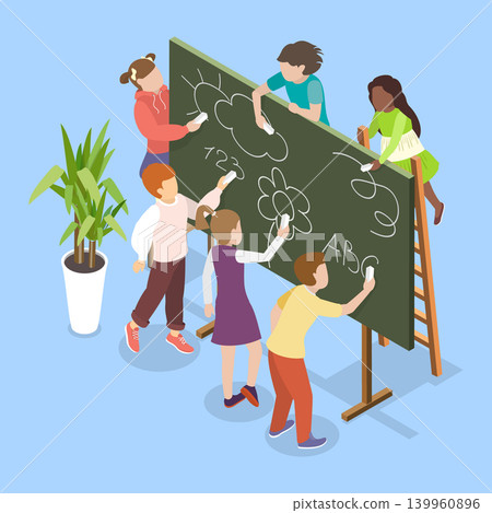 3D Isometric Flat Vector Illustration of Blackboard, Kids Write On Chalkboard In School. 3D Isometric Flat Vector Illustration of Blackboard, Kids Write On Chalkboard In School. 139960896