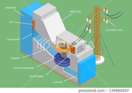 3D Isometric Flat Vector Illustration of Hydroelectric Plant, River Dam 3D Isometric Flat Vector Illustration of Hydroelectric Plant, River Dam 139960897