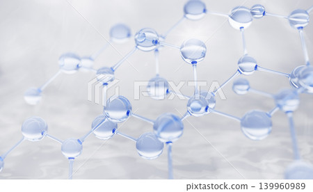 Blue glass chemical molecules or peptides with atom bonds on light background. Collagen cell pattern, clear water bubbles in molecular chains for medicine or cosmetic skin care design. 3D illustration 139960989