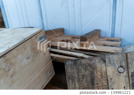 Wooden pallets and timber materials reused at construction sites Wooden pallets and timber materials reused at construction sites 139961221