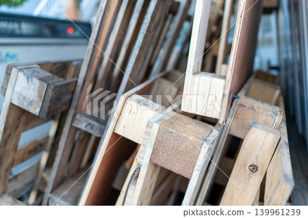 Wooden pallets and timber materials reused at construction sites Wooden pallets and timber materials reused at construction sites 139961239
