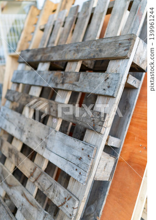 Wooden pallets and timber materials reused at construction sites Wooden pallets and timber materials reused at construction sites 139961244