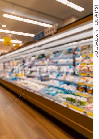A blurred image of a supermarket food section and shelves. 139961454