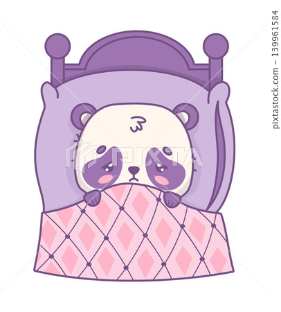 Sad Panda Bear In Bed Pulling Blanket Over Face. Kawaii Vector Illustration Of Cute Unhappy Cartoon Animal Character Hiding From Problems and Solitude Sad Panda Bear In Bed Pulling Blanket Over Face. Kawaii Vector Illustration Of Cute Unhappy Cartoon Animal Character Hiding From Problems and Solitude 139961584