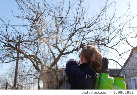 Woman spraying fruit trees in the garden with a pressure sprayer in early spring. Gardening work, pest control, and orchard maintenance on a sunny day Woman spraying fruit trees in the garden with a pressure sprayer in early spring. Gardening work, pest control, and orchard maintenance on a sunny day 139961991