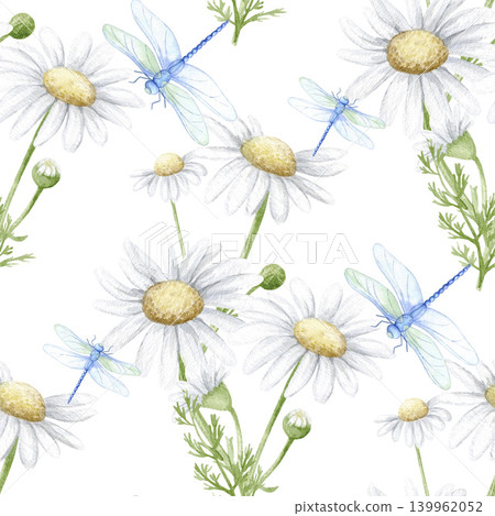 Watercolor seamless pattern with white chamomile flowers and blue dragonflies on white background. Botanical floral texture for spring textile print, wrapping paper, wallpaper and stationery. Watercolor seamless pattern with white chamomile flowers and blue dragonflies on white background. Botanical floral texture for spring textile print, wrapping paper, wallpaper and stationery. 139962052