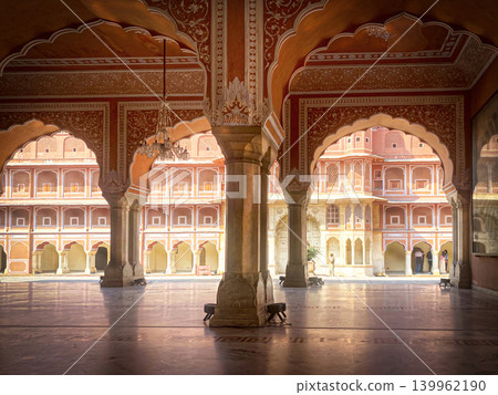 Ornate interior of a historic palace in Jaipur, India. 139962190