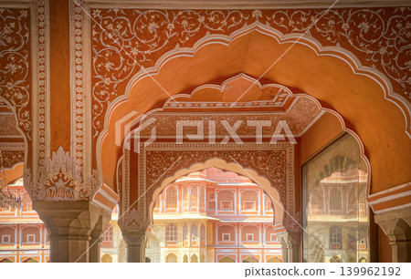 Ornate interior of a historic palace in Jaipur, India. Ornate interior of a historic palace in Jaipur, India. 139962192