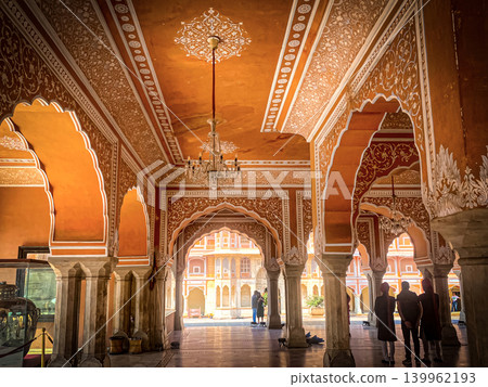 Ornate interior of a historic palace in Jaipur, India. 139962193