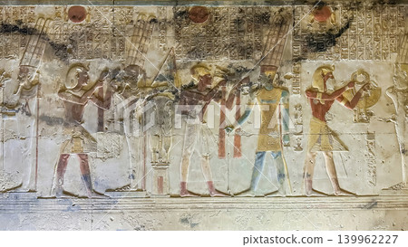 Beautiful bas-reliefs and ancient hieroglyphs in the Temple of Seti I in Abydos, Egypt. 139962227