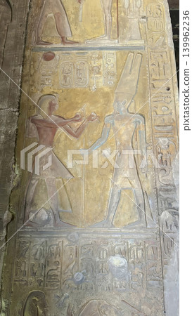 Beautiful bas-reliefs and ancient hieroglyphs in the Temple of Seti I in Abydos, Egypt. Beautiful bas-reliefs and ancient hieroglyphs in the Temple of Seti I in Abydos, Egypt. 139962236