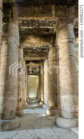 Beautiful interiors and ancient hieroglyphs in the Temple of Seti I in Abydos, Egypt. 139962271