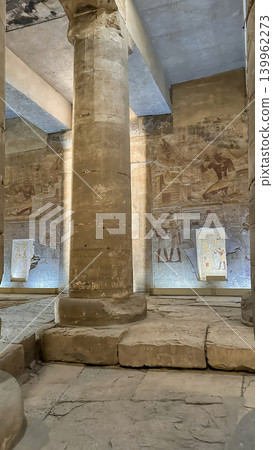Beautiful interiors and ancient hieroglyphs in the Temple of Seti I in Abydos, Egypt. 139962273