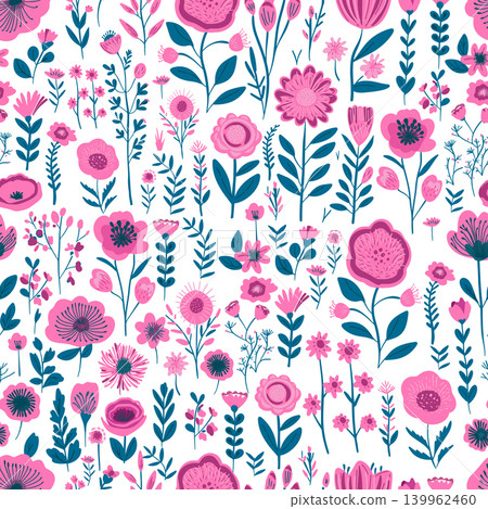 Seamless background with pink simple flowers. hand drawn. Not AI. Vector illustration Seamless background with pink simple flowers. hand drawn. Not AI. Vector illustration 139962460
