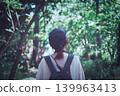 A woman's back as she looks up at the trees. 139963413