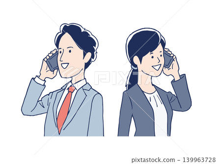 一對身穿西裝的年輕男女正在打電話。 139963728