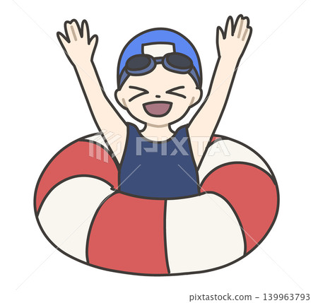 A smiling girl with her arms raised, inside a red and white inflatable ring. A smiling girl with her arms raised, inside a red and white inflatable ring. 139963793