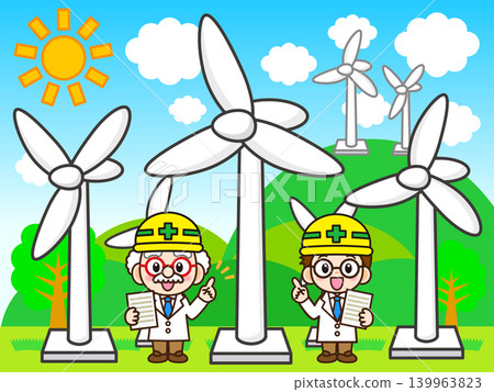 科學家和醫生正在研究風力發電的插圖。 科學家和醫生正在研究風力發電的插圖。 139963823