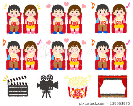 A set of illustrations of a man and woman watching a movie while eating popcorn. A set of illustrations of a man and woman watching a movie while eating popcorn. 139963970