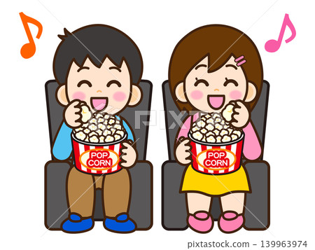 Illustration of a man and woman watching a movie while eating popcorn (2) Illustration of a man and woman watching a movie while eating popcorn (2) 139963974