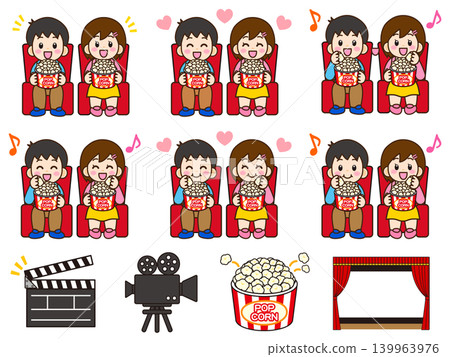 Illustration set 2 of a man and woman watching a movie while eating popcorn. Illustration set 2 of a man and woman watching a movie while eating popcorn. 139963976