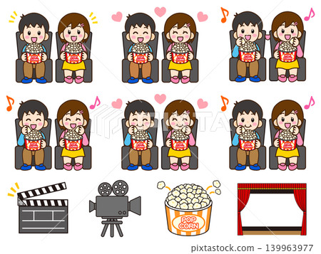 Illustration set 3 of a man and woman watching a movie while eating popcorn. Illustration set 3 of a man and woman watching a movie while eating popcorn. 139963977