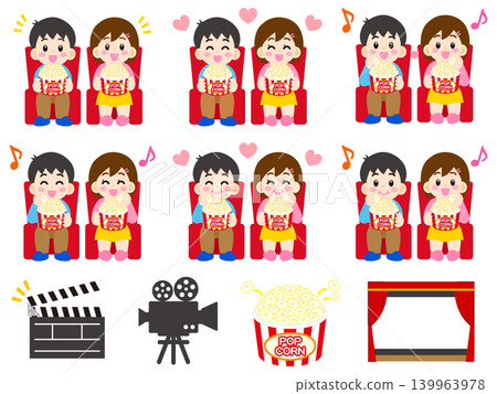 A set of illustrations of a man and woman watching a movie while eating popcorn (set of 4) A set of illustrations of a man and woman watching a movie while eating popcorn (set of 4) 139963978