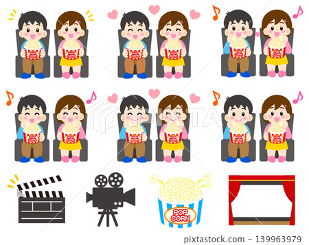 A set of 5 illustrations of a man and woman watching a movie while eating popcorn. A set of 5 illustrations of a man and woman watching a movie while eating popcorn. 139963979