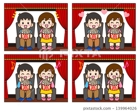 A set of illustrations of a man and woman eating popcorn while watching a movie in a movie theater. A set of illustrations of a man and woman eating popcorn while watching a movie in a movie theater. 139964026