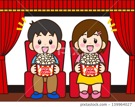 Illustration 5 of a man and woman eating popcorn while watching a movie in a movie theater. Illustration 5 of a man and woman eating popcorn while watching a movie in a movie theater. 139964027
