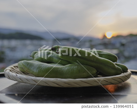 The townscape bathed in the setting sun and fresh broad beans of early summer. 139964051
