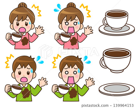 A set of illustrations depicting a man and woman panicking after spilling coffee on their clothes. 139964153